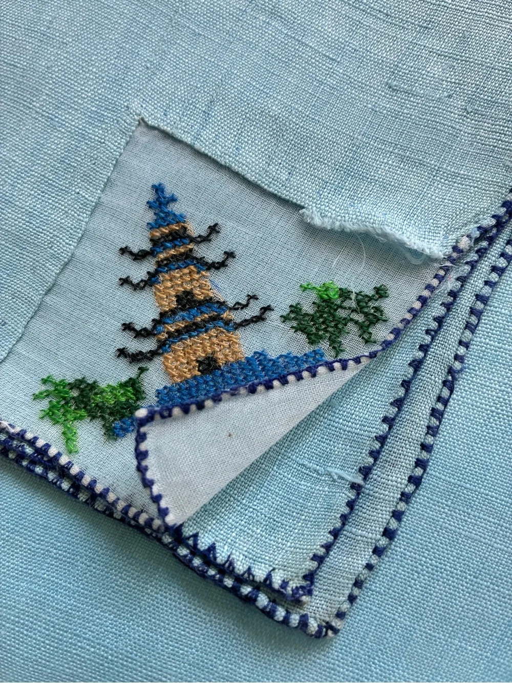 Vintage Set of 6 Light Blue Linen Embroidered Cocktail Napkins